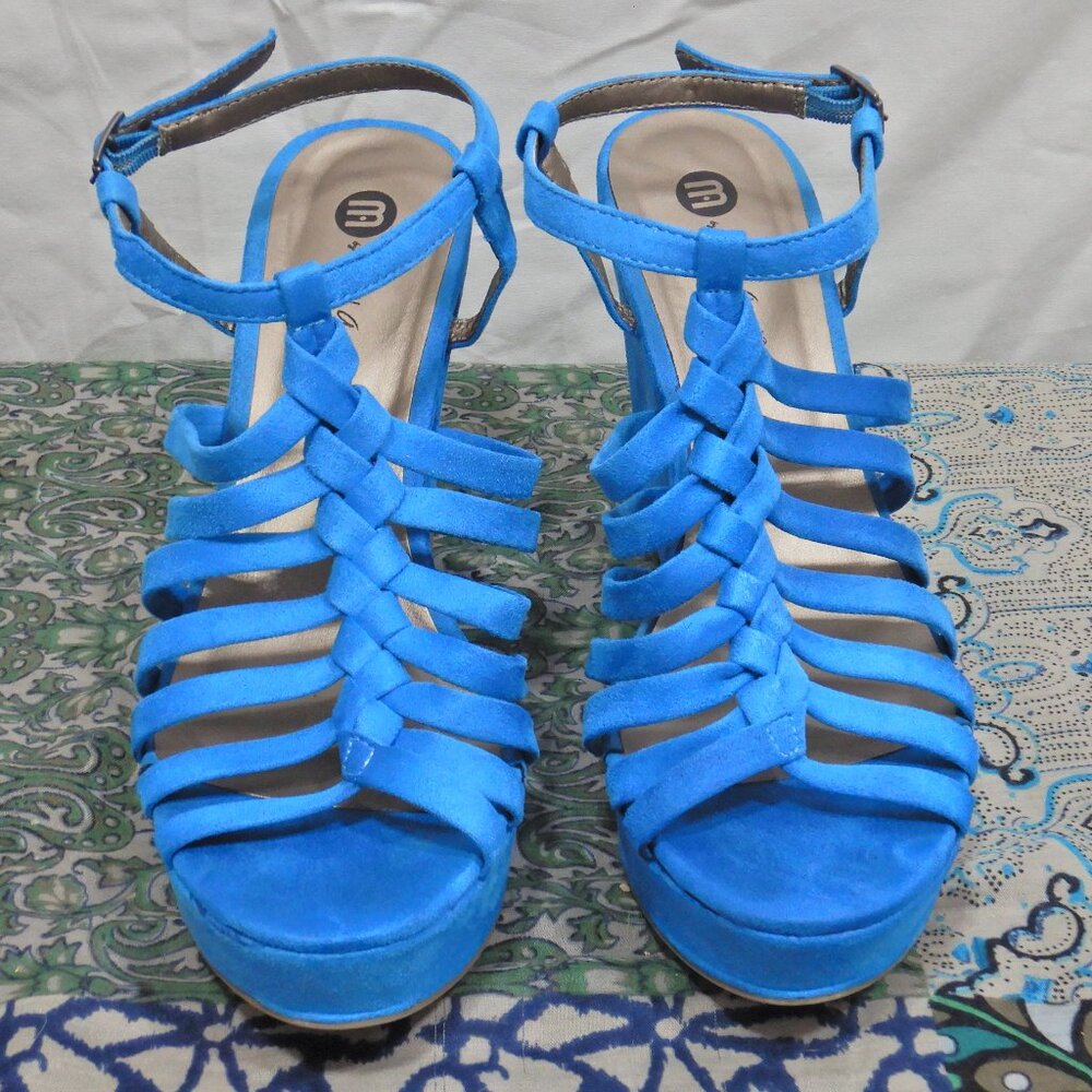 Michael Antonio Bright Sky Blue Faux Suede Strappy Braided Platform Wedges